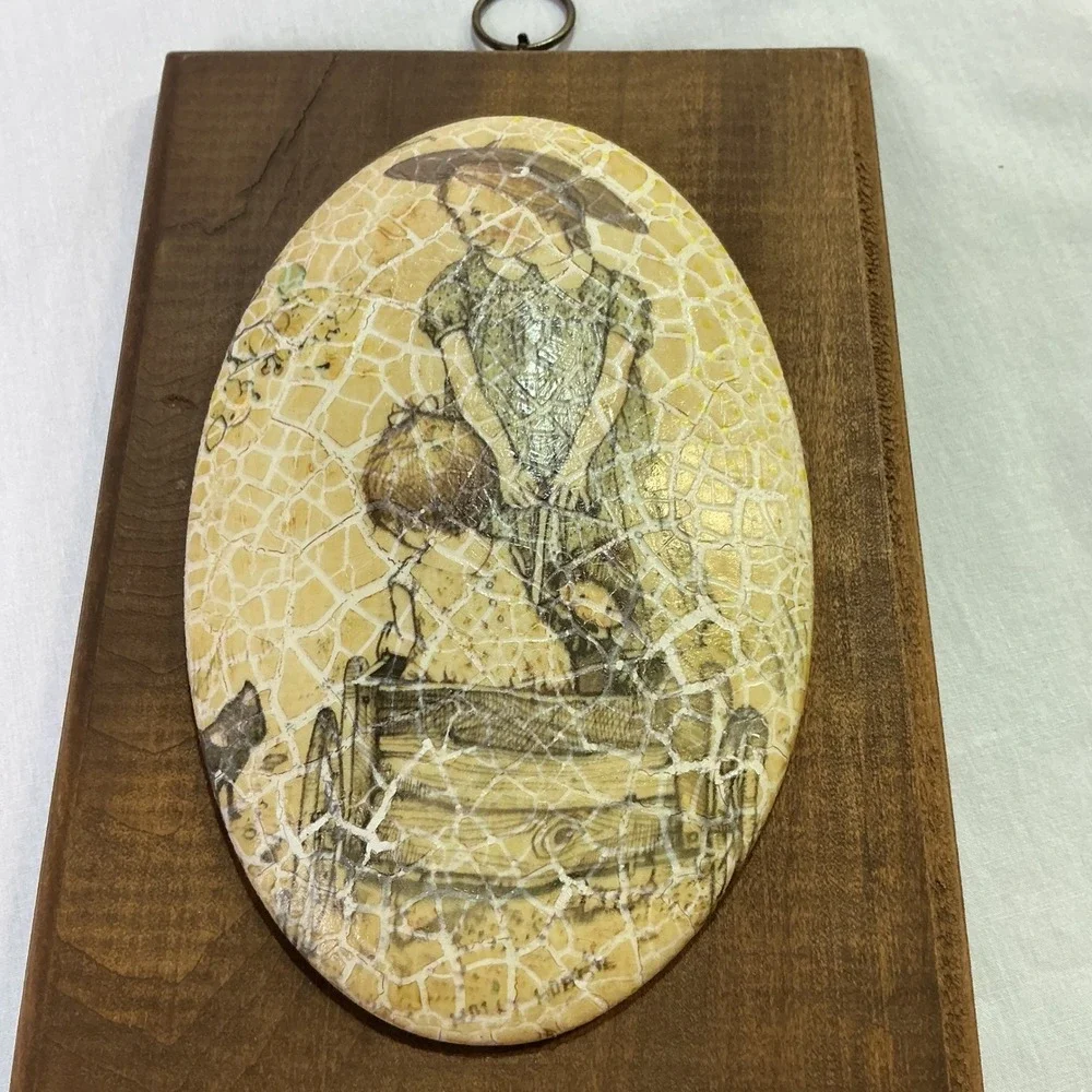 Vintage Crackle Finish‎ Ceramic Tile Wall Plaque Girl Umbrella Decoupage Wood